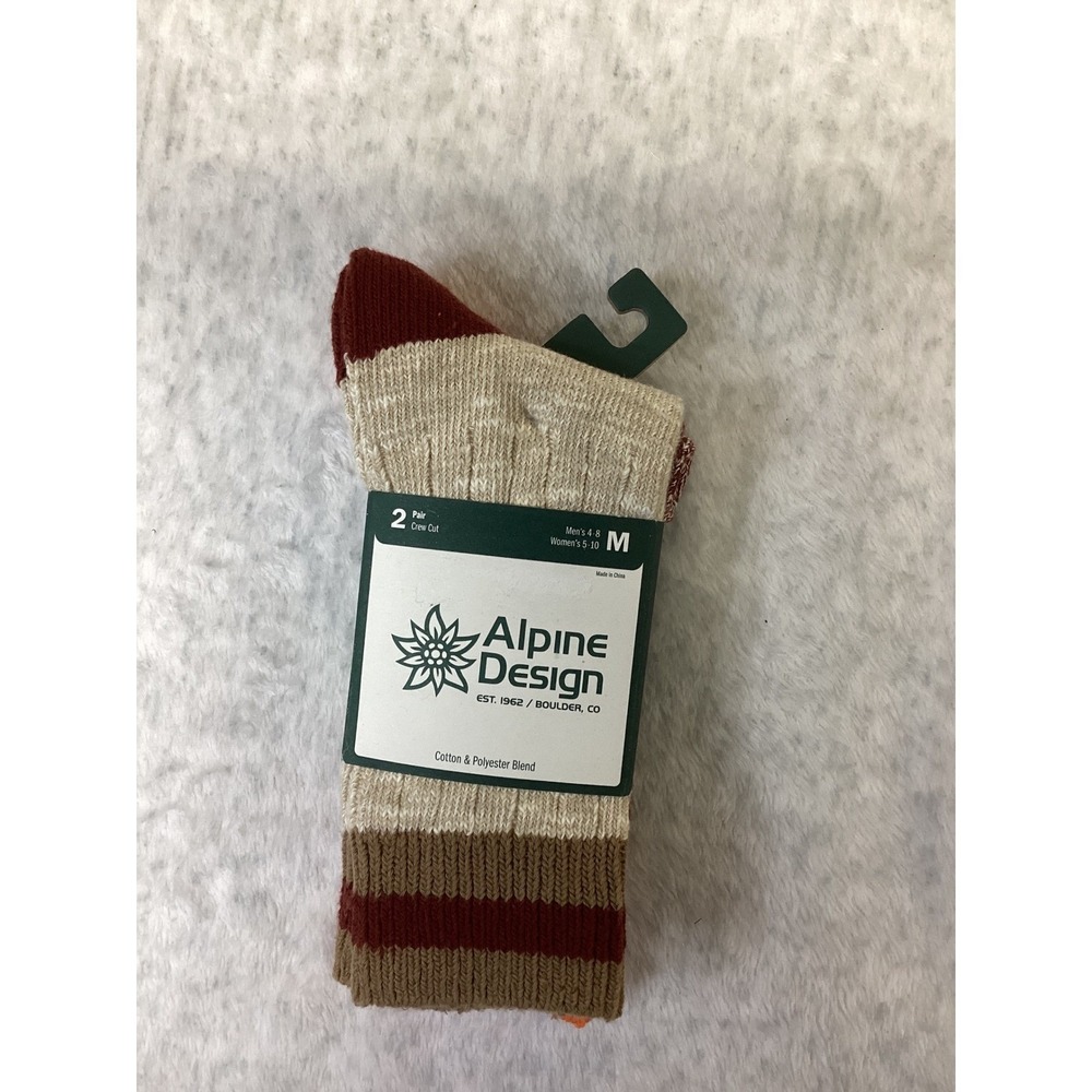 Alpine Design 2PK Ragg Hiker Crew Socks Maroon Brown Orange Men4-8 Women5-10..